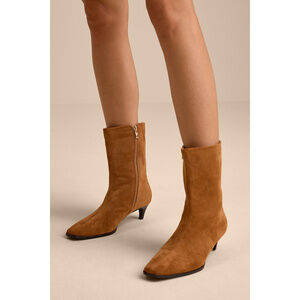 Lulus Carla Cognac Suede Kitten Heel Mid-calf Booties Brown - Size 8